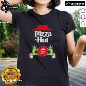 Top Grinch hands holding a pizza from Pizza Hut, perfect for a Merry Christmas ladies tee design.