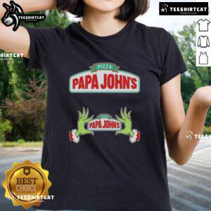 Top Grinch hands holding a pizza with a festive 'Merry Christmas' design on a Papa John's ladies tee shirt.