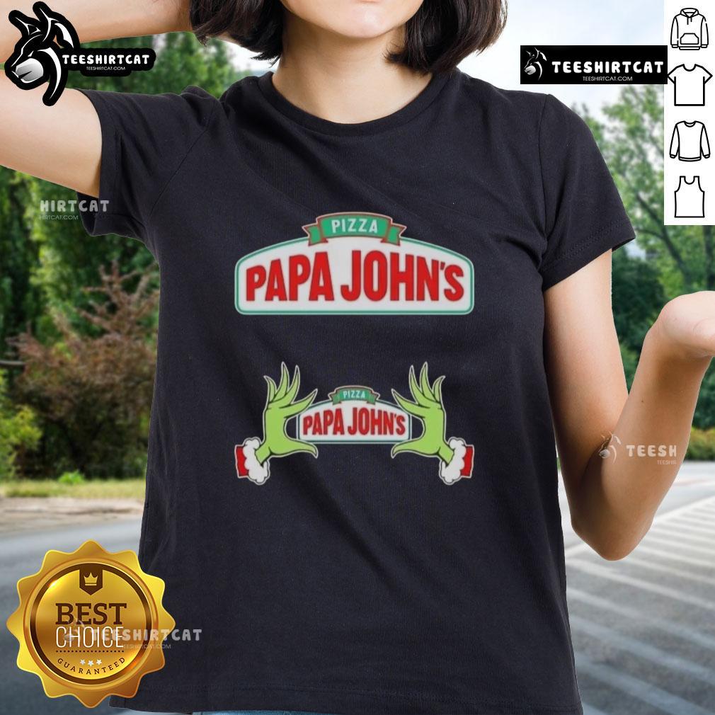 Top Grinch hands holding a pizza with a festive 'Merry Christmas' design on a Papa John's ladies tee shirt.