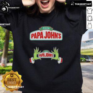 Cozy 'Top Grinch Hands Love Pizza' sweatshirt from Papa John's, perfect for a Merry Christmas celebration.