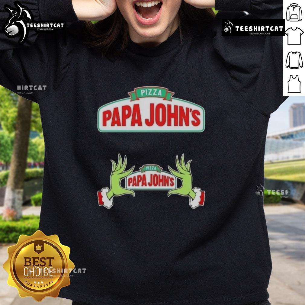 Cozy 'Top Grinch Hands Love Pizza' sweatshirt from Papa John's, perfect for a Merry Christmas celebration.