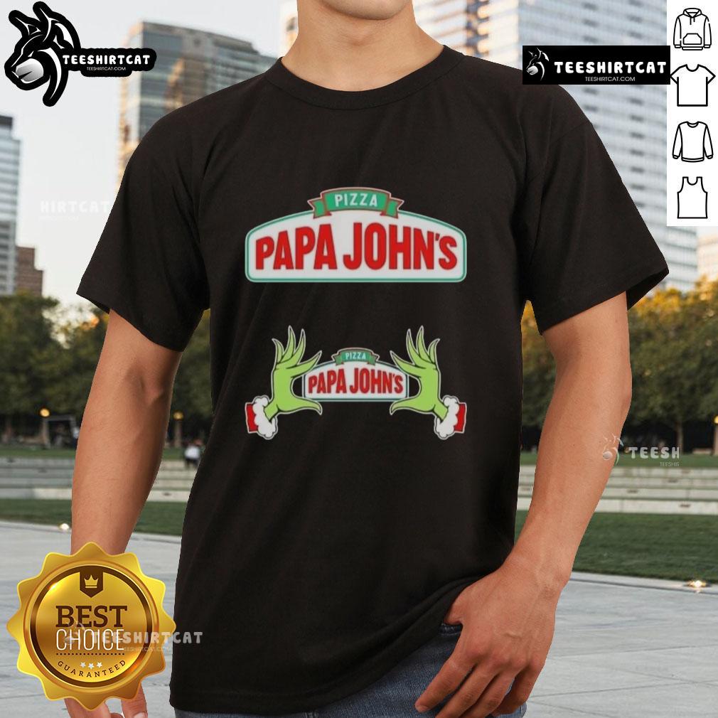 Top Grinch hands holding pizza slice on Papa Johns Merry Christmas T-shirt, perfect for festive holiday celebrations.