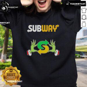 Alt Text: Top Grinch hands love subway Merry Christmas sweatshirt featuring festive design and vibrant colors for holiday spirit.