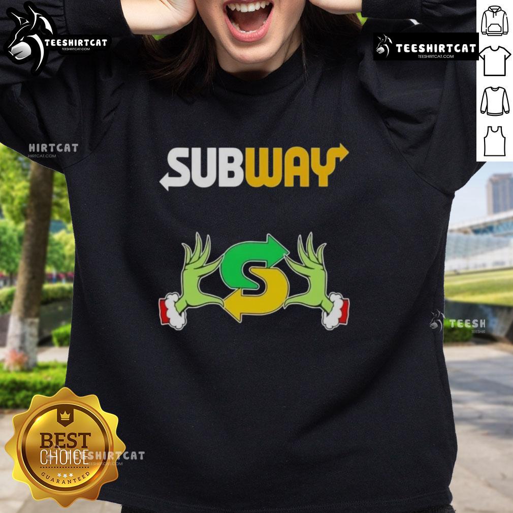 Alt Text: Top Grinch hands love subway Merry Christmas sweatshirt featuring festive design and vibrant colors for holiday spirit.