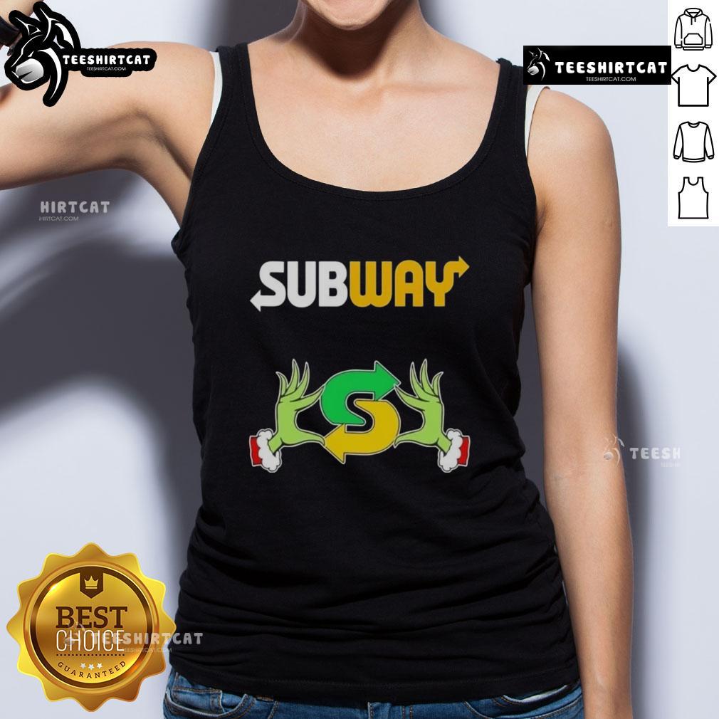 Top Grinch Hands Love Subway Merry Christmas Tank Top featuring festive design for holiday cheer.