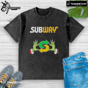 Top Grinch hands holding a subway sandwich on a Merry Christmas washed t-shirt, perfect for festive holiday style.