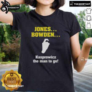 Alt Text: Top Jones Bowden Kasprowicz The Man to Go Ladies Tee in vibrant colors, showcasing stylish design for women.