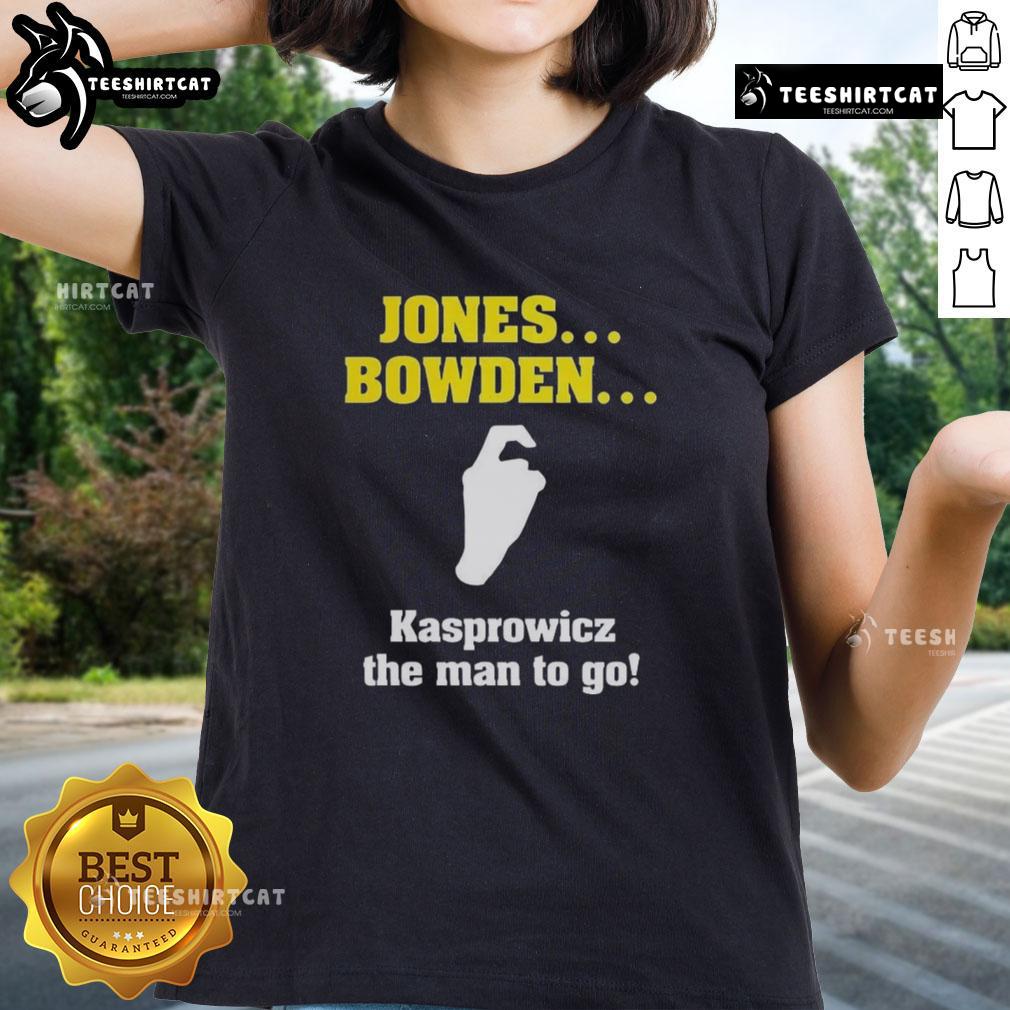 Alt Text: Top Jones Bowden Kasprowicz The Man to Go Ladies Tee in vibrant colors, showcasing stylish design for women.