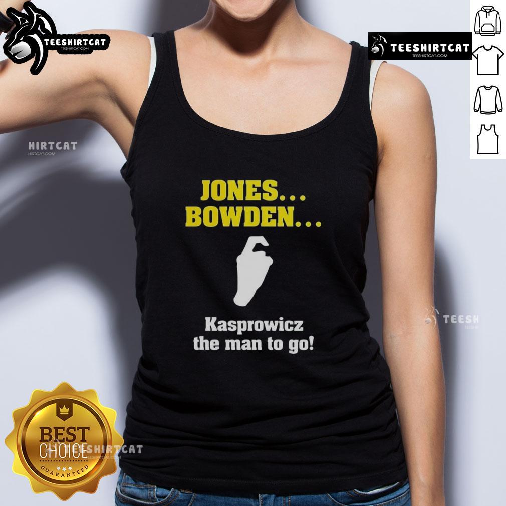 Top Jones Bowden Kasprowicz The Man To Go tank top featuring a stylish graphic design for casual wear.