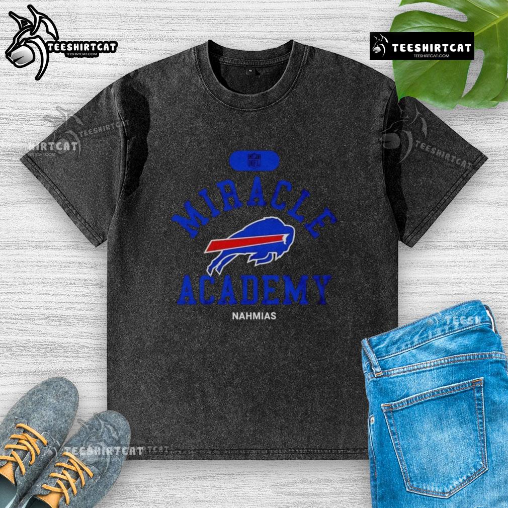 Buffalo Bills Miracle Academy Nahmias Washed T-Shirt displayed on a hanger, showcasing vibrant colors and team spirit.
