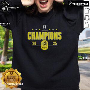 Top Nashville SC 2025 Lamar Hunt U.S. Open Cup Champions sweatshirt featuring team logo and celebratory design.
