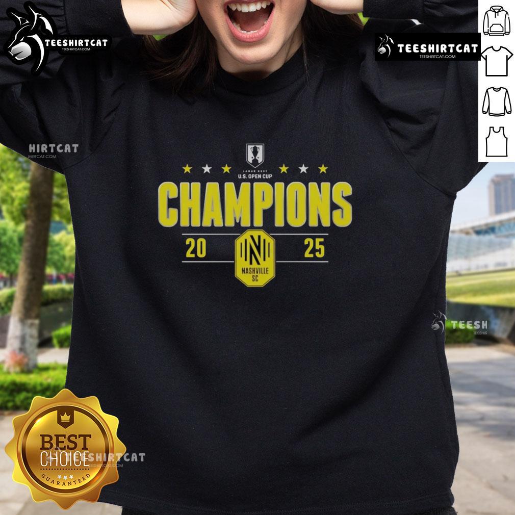 Top Nashville SC 2025 Lamar Hunt U.S. Open Cup Champions sweatshirt featuring team logo and celebratory design.