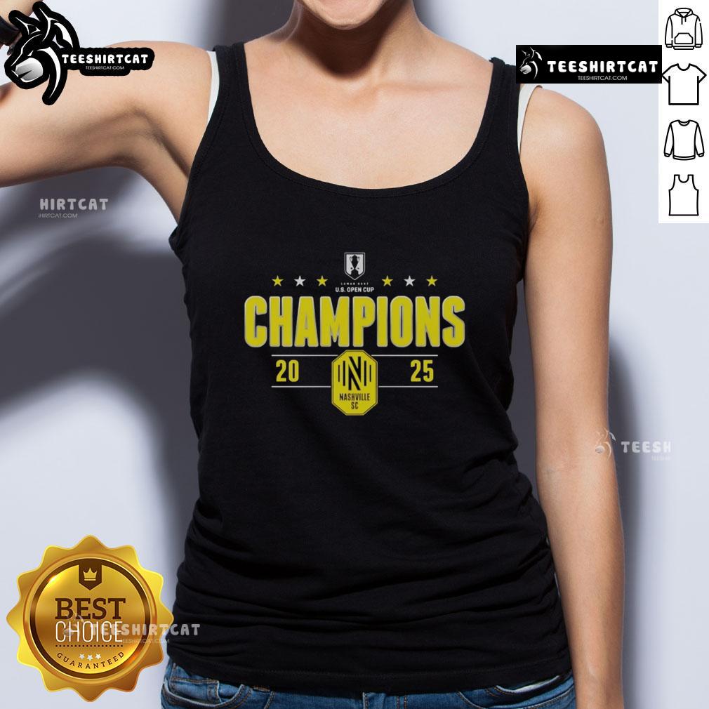 Top Nashville SC 2025 Lamar Hunt U.S. Open Cup Champions tank top featuring team colors and logo.