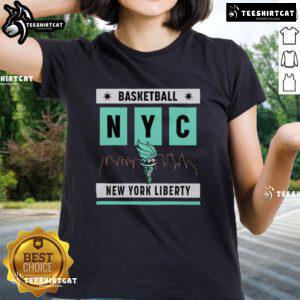 Alt Text: Top New York Liberty Basketball Skyline Ladies Tee featuring vibrant team colors and iconic NYC skyline design.