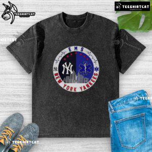 Top New York Yankees MLB X EMS Star of Life Skyline logo on a washed t-shirt, perfect for fans and collectors.