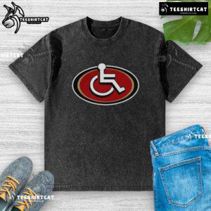 Alt Text: Vintage-style washed t-shirt featuring a parody of the San Francisco 49ers NFL 2025 logo in bold colors.