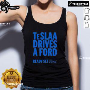 Alt Text: Top Tesla drives a Ford wearing a Ready Set Ford tank top, showcasing a fun fusion of brands and style.