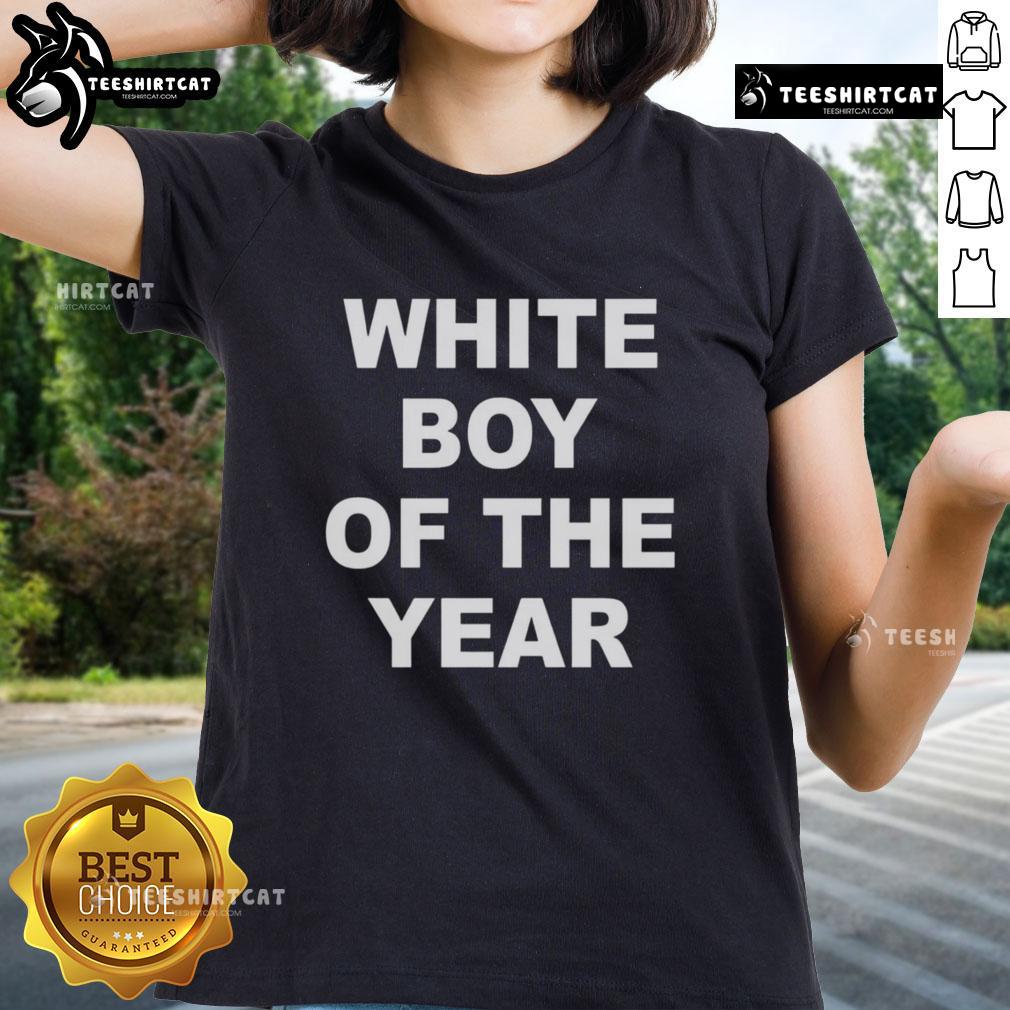 Alt Text: Top White Boy of the Year Ladies Tee featuring stylish design, perfect for casual wear and celebrating individuality.