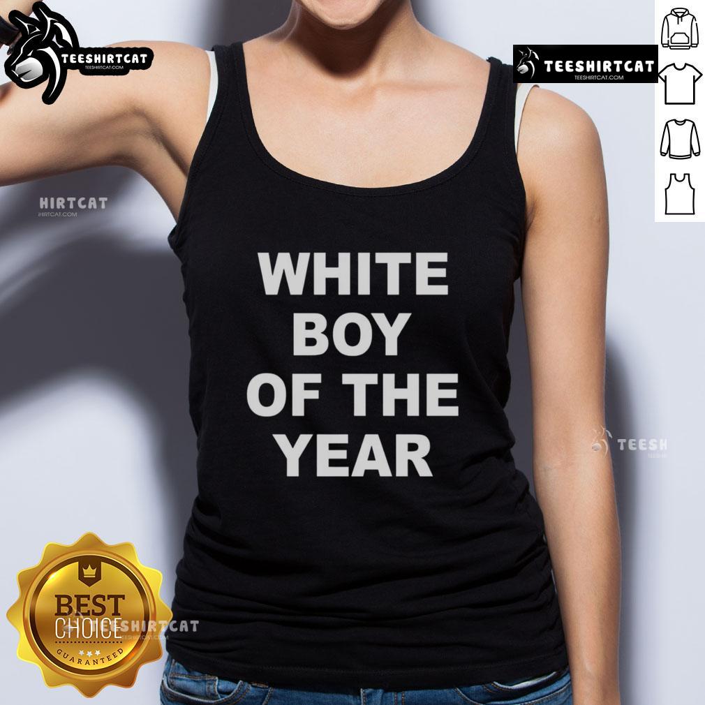 Stylish Top White Boy of the Year tank top featuring bold graphics, perfect for casual summer outings and streetwear fashion.