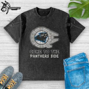 Alt Text: Awesome Star Wars Come to the Carolina Panthers Side Washed T-Shirt featuring bold graphics and vibrant colors.
