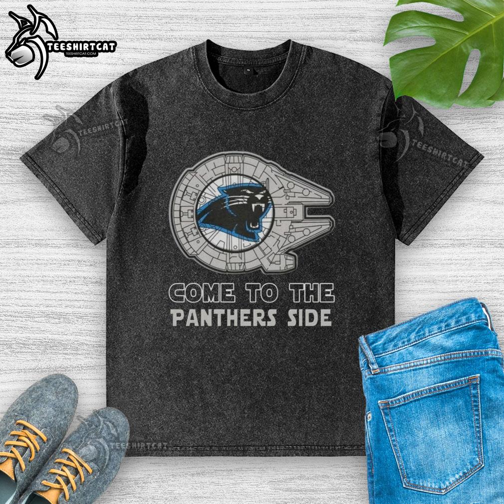 Alt Text: Awesome Star Wars Come to the Carolina Panthers Side Washed T-Shirt featuring bold graphics and vibrant colors.