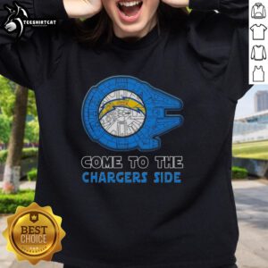Awesome Star Wars Los Angeles Chargers side sweatshirt featuring iconic characters and vibrant team colors.
