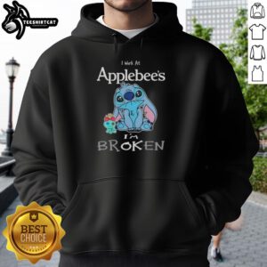 Alt Text: Cute Stitch I Work at Applebee's I'm Broken hoodie design featuring Stitch character in vibrant colors.
