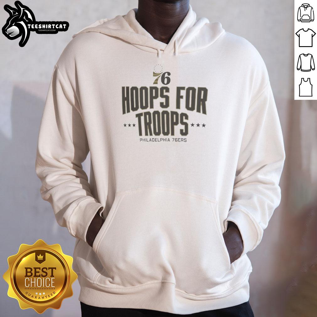 Alt Text: Stylish 'Nice Hoops For Troops' Philadelphia 76ers basketball hoodie featuring team colors and logo, perfect for fans.