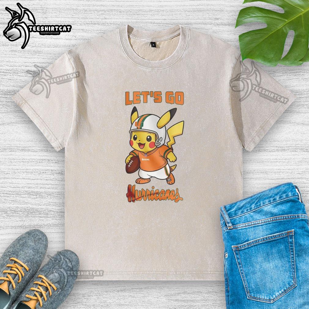 Nice Miami Hurricanes X Pikachu Let's Go washed t-shirt featuring vibrant graphics and a comfortable fit.