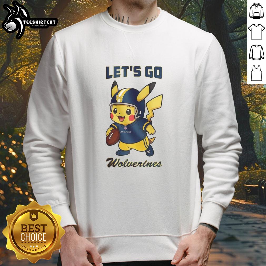 Nice Michigan Wolverines X Pikachu Let's Go sweatshirt featuring vibrant colors and a playful design for fans.