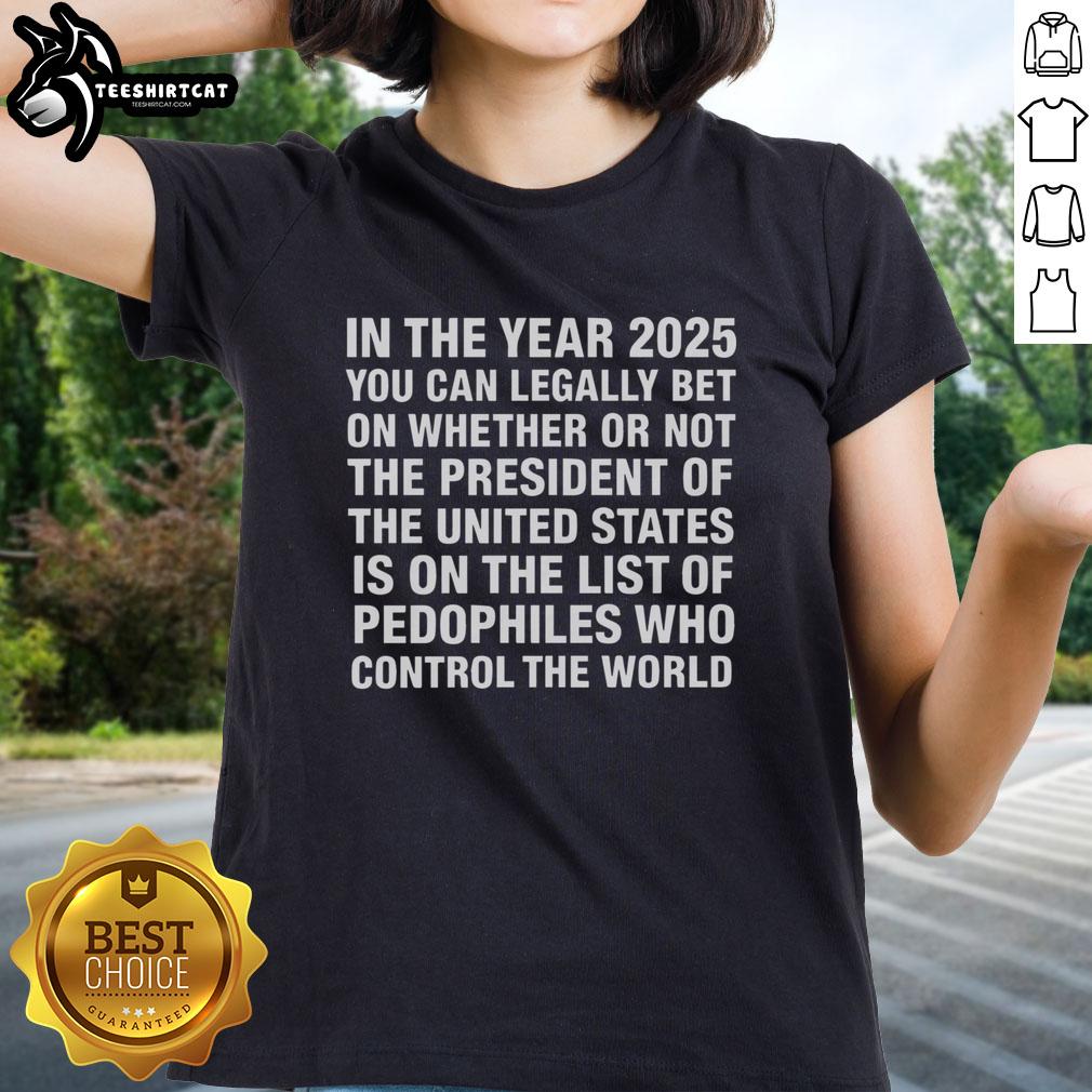 Official 2026 tee featuring a provocative statement on the US President and a list of alleged pedophiles, designed for women.