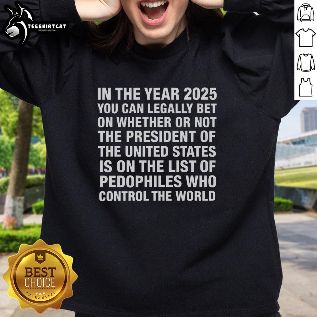 Official 2026 sweatshirt featuring a bold design about the US President and a list of pedophiles.