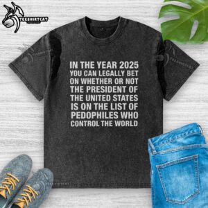 Official 2026 washed t-shirt featuring a provocative design about the President and a list of pedophiles.
