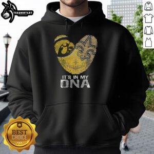 Official Louisiana City Sports hoodie featuring Iowa Hawkeyes and New Orleans Saints DNA fingerprint heart design.