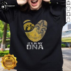 Alt Text: Official Louisiana City Sports sweatshirt featuring Iowa Hawkeyes and New Orleans Saints DNA fingerprint heart design.