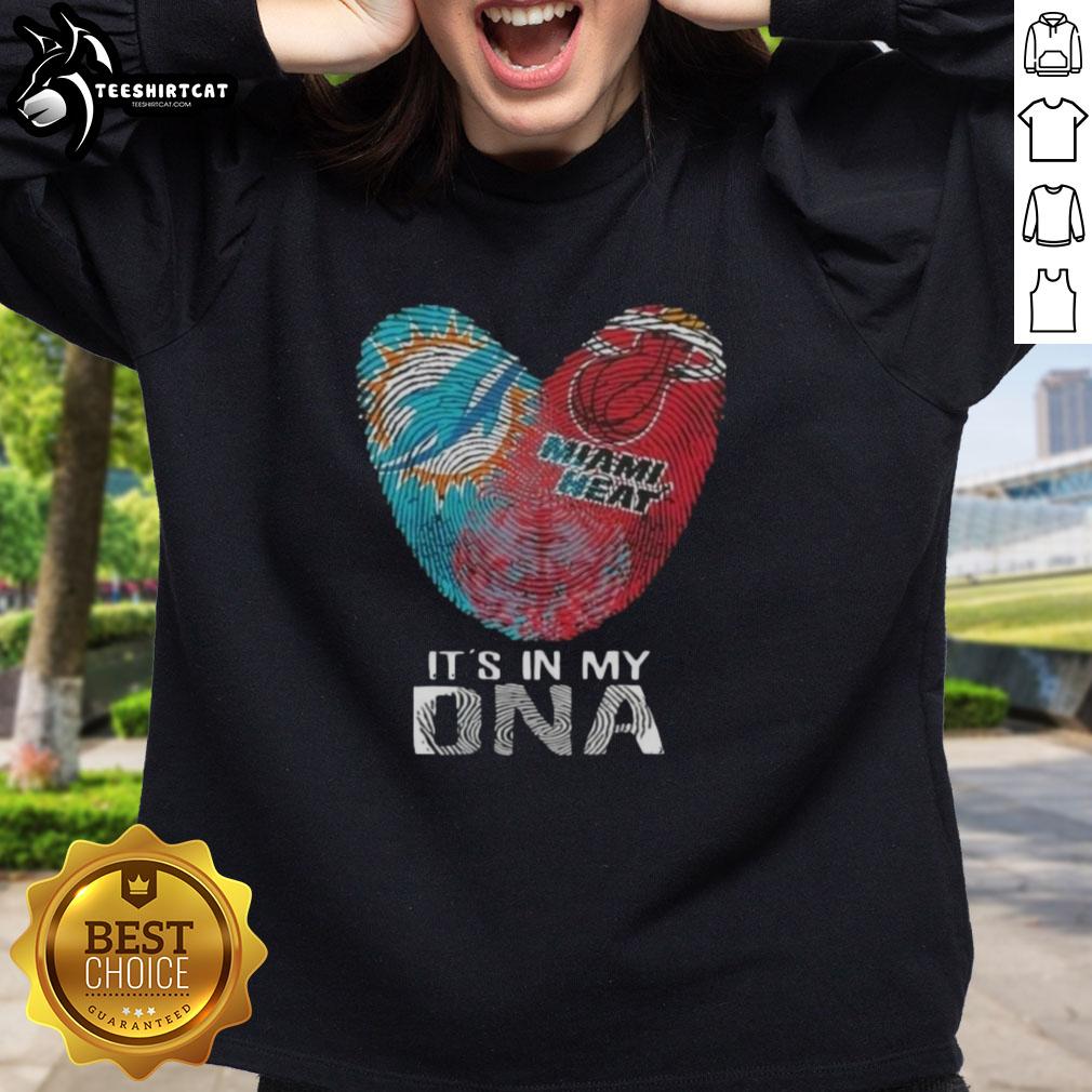 Alt Text: Official Miami City Sports Dolphins sweatshirt featuring a heart and DNA fingerprint design, showcasing team spirit.
