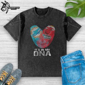 Official Miami City Sports Dolphins X Heart DNA fingerprint heart washed T-shirt, showcasing team spirit and style.