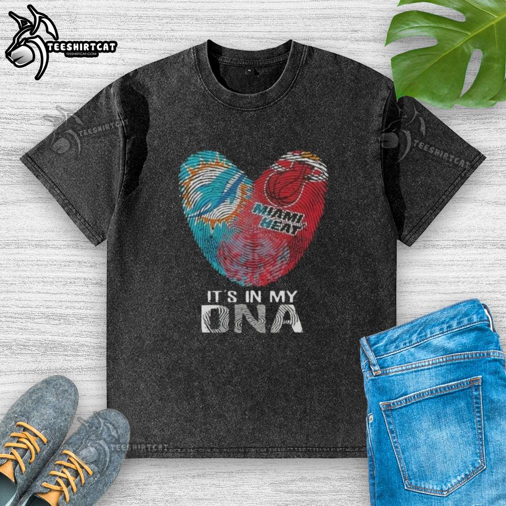 Official Miami City Sports Dolphins X Heart DNA fingerprint heart washed T-shirt, showcasing team spirit and style.