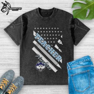 Original Connecticut Huskies X Teacher American Flag Washed T-Shirt featuring a patriotic design and school spirit.