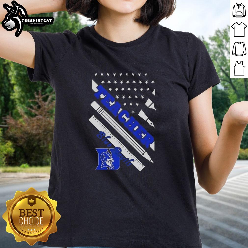 Original Duke Blue Devils x Teacher American Flag ladies tee featuring vibrant design and comfortable fit.