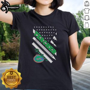 Original Florida Gators X Teacher American Flag Ladies Tee showcasing school spirit and patriotic design for fans.