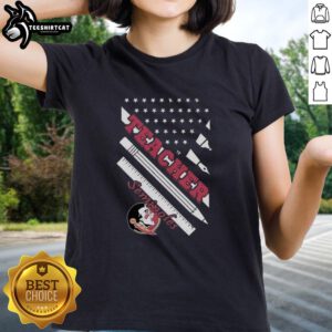 Original Florida State Seminoles X Teacher American Flag Ladies Tee featuring vibrant colors and school spirit design.