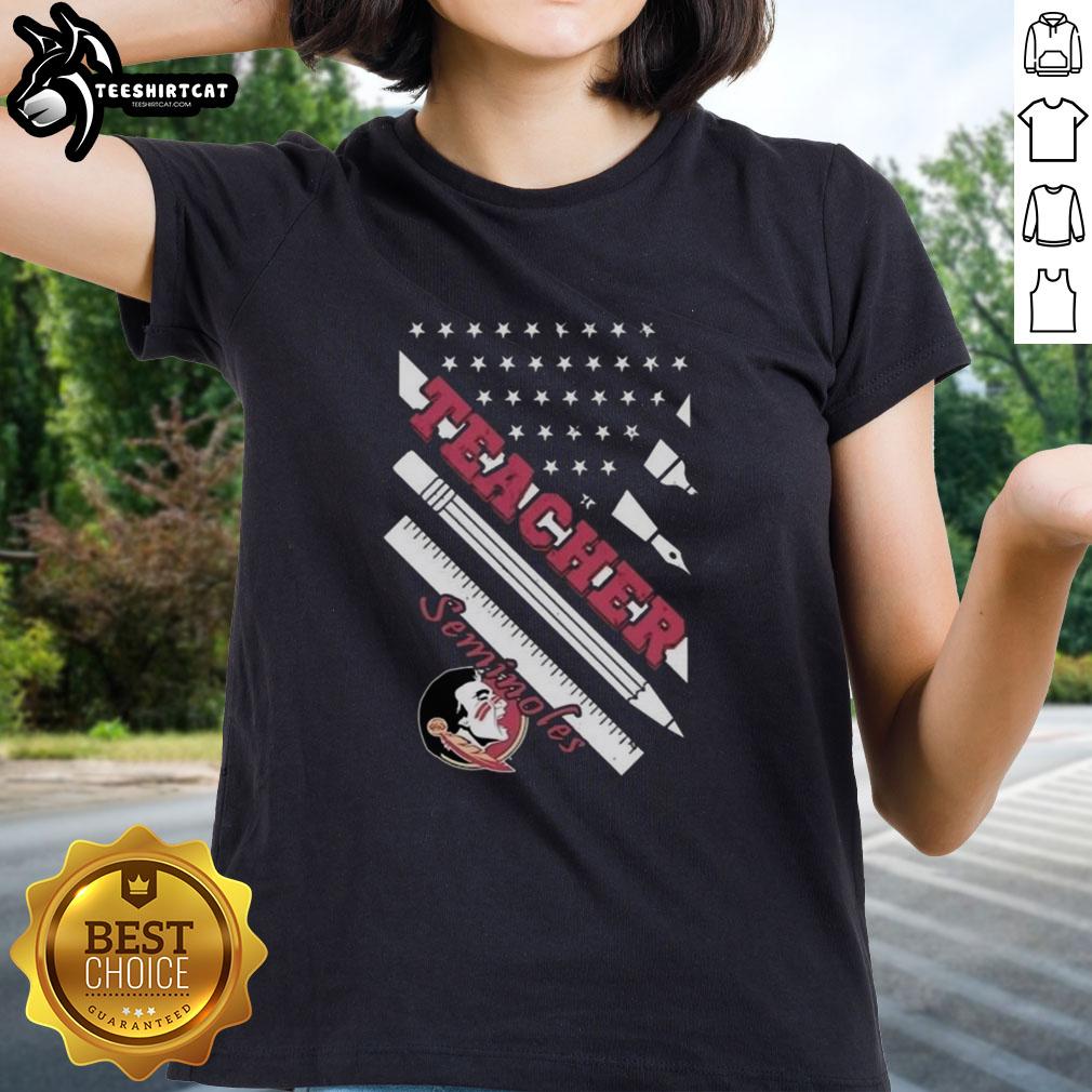 Original Florida State Seminoles X Teacher American Flag Ladies Tee featuring vibrant colors and school spirit design.