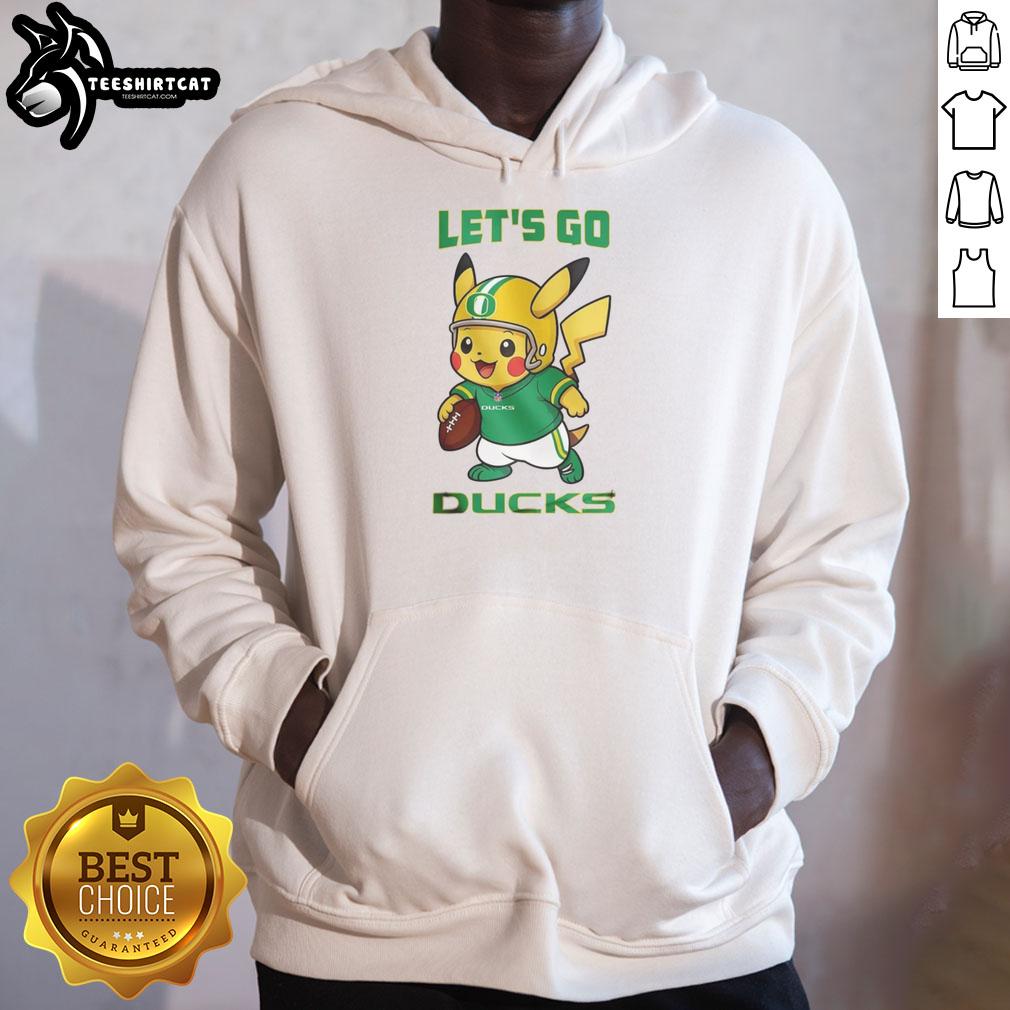 Premium Oregon Ducks x Pikachu Let's Go Hoodie featuring vibrant graphics and a cozy design for fans and collectors.