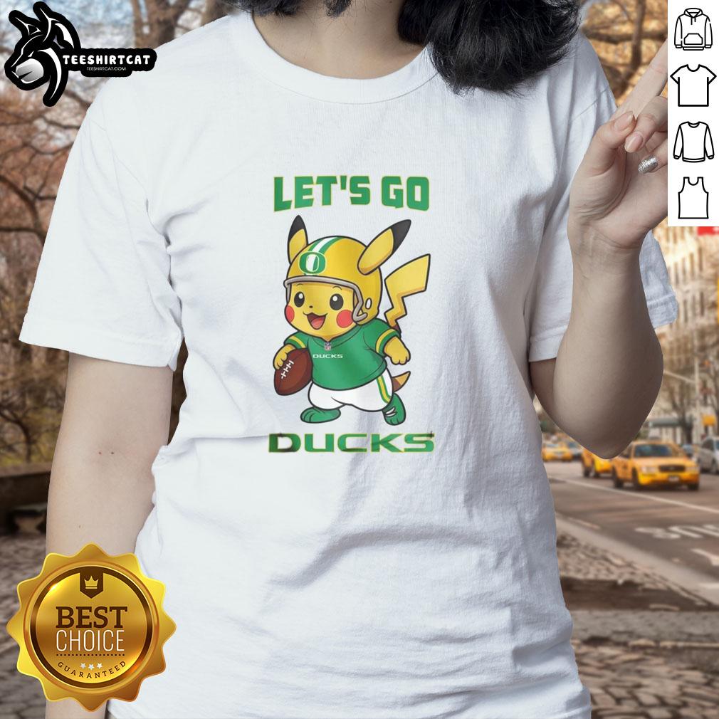 Premium Oregon Ducks x Pikachu Let's Go ladies tee featuring vibrant graphics and a stylish design for fans.