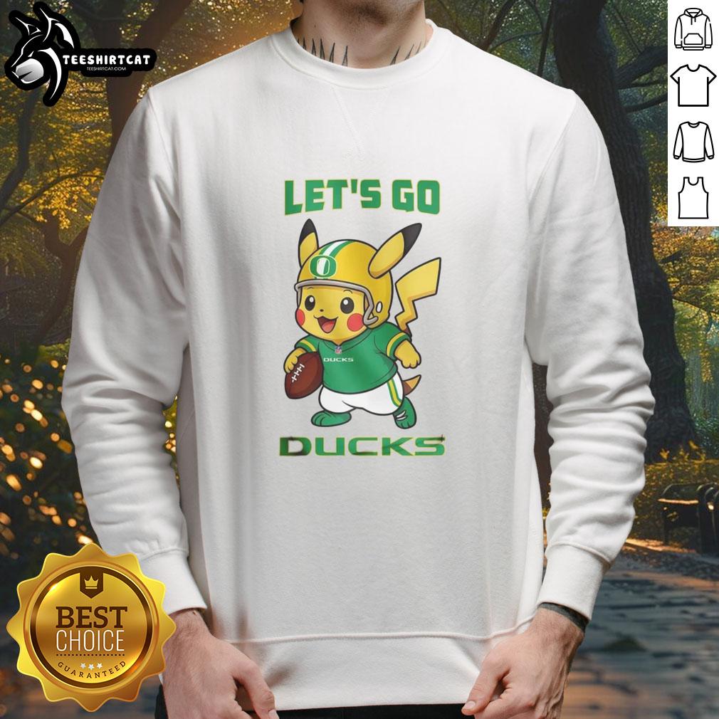 Alt Text: Premium Oregon Ducks X Pikachu Let's Go sweatshirt featuring vibrant graphics and a cozy design for fans.
