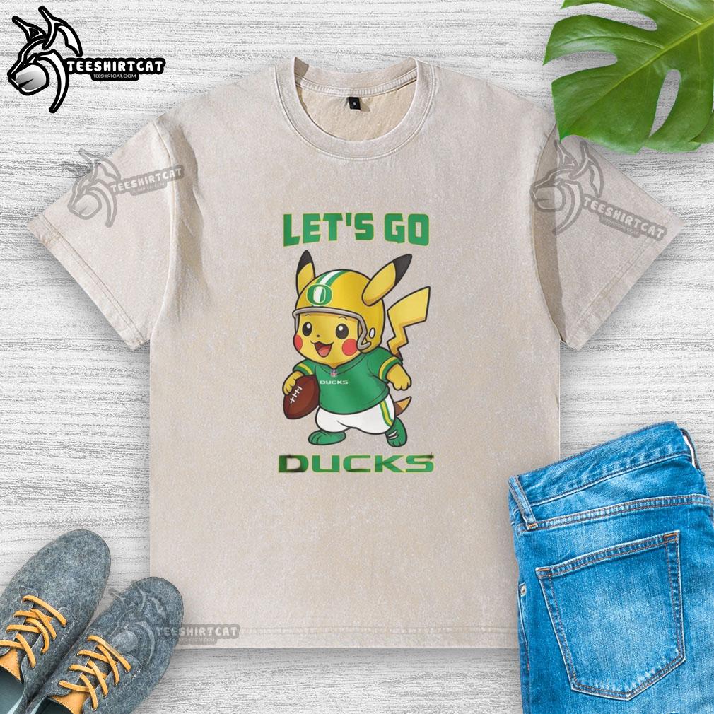 Premium Oregon Ducks x Pikachu Let's Go washed t-shirt featuring vibrant colors and a fun design for fans.