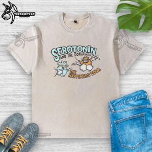 Alt Text: Awesome Serotonin and Dopamine Happiness Tour washed t-shirt featuring vibrant graphics for a stylish look.