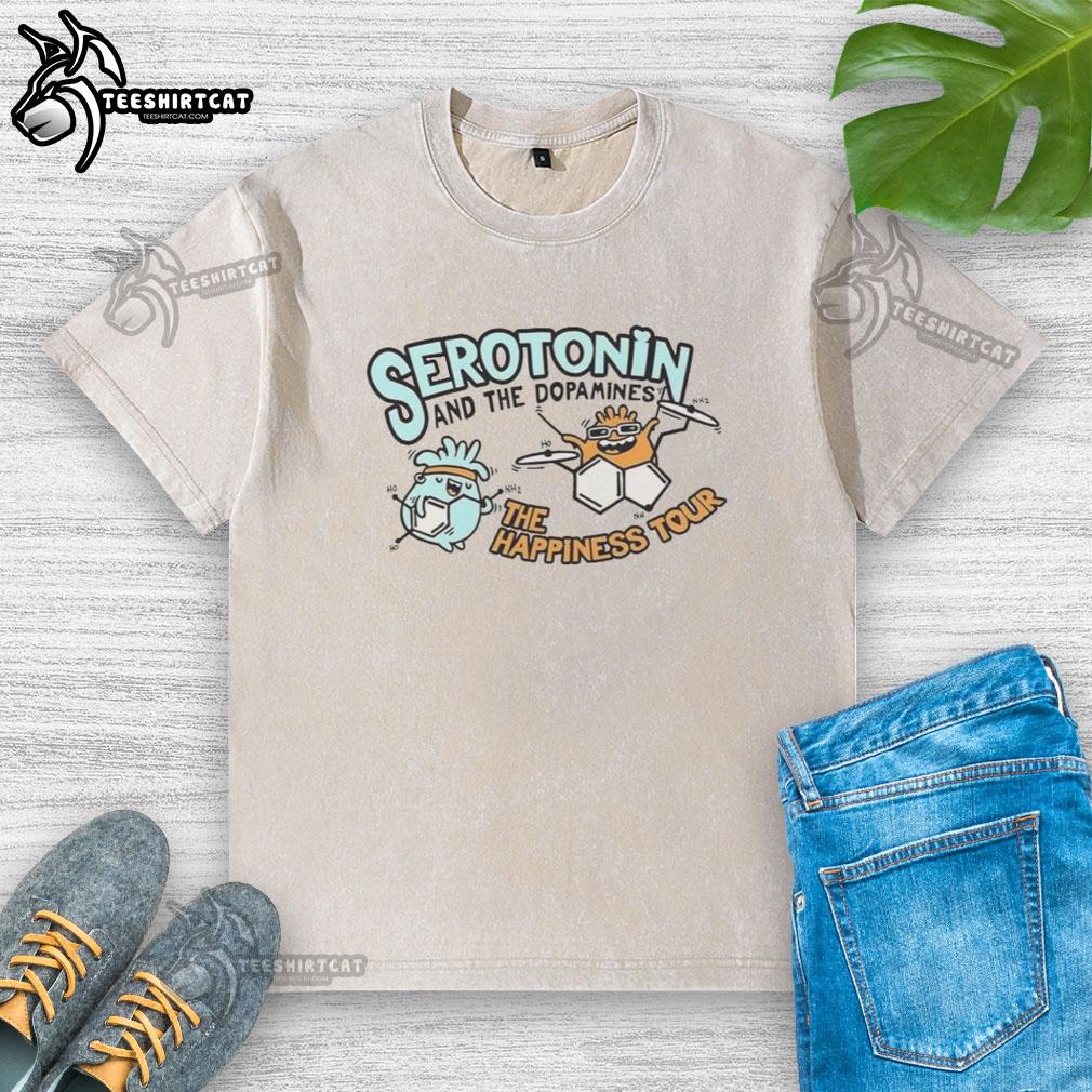 Alt Text: Awesome Serotonin and Dopamine Happiness Tour washed t-shirt featuring vibrant graphics for a stylish look.