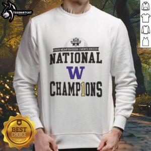 2025 NCAA Division Men's Soccer National Champions sweatshirt featuring Washington Huskies logo and vibrant design.